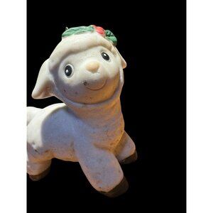 Vintage Ceramic Lamb Ornament With Holly Accent Christmas